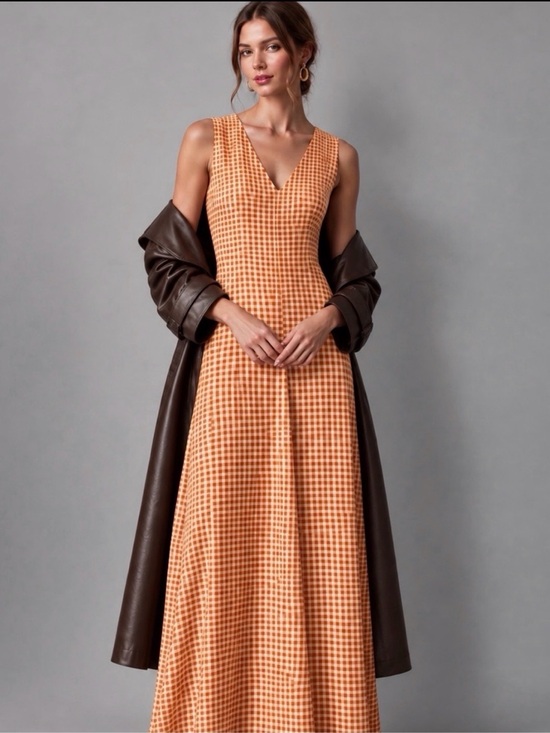 Club Monaco Dresses & Skirts - Club Monaco Orange Gingham V-Neck A-Line Maxi Dress Size 8
